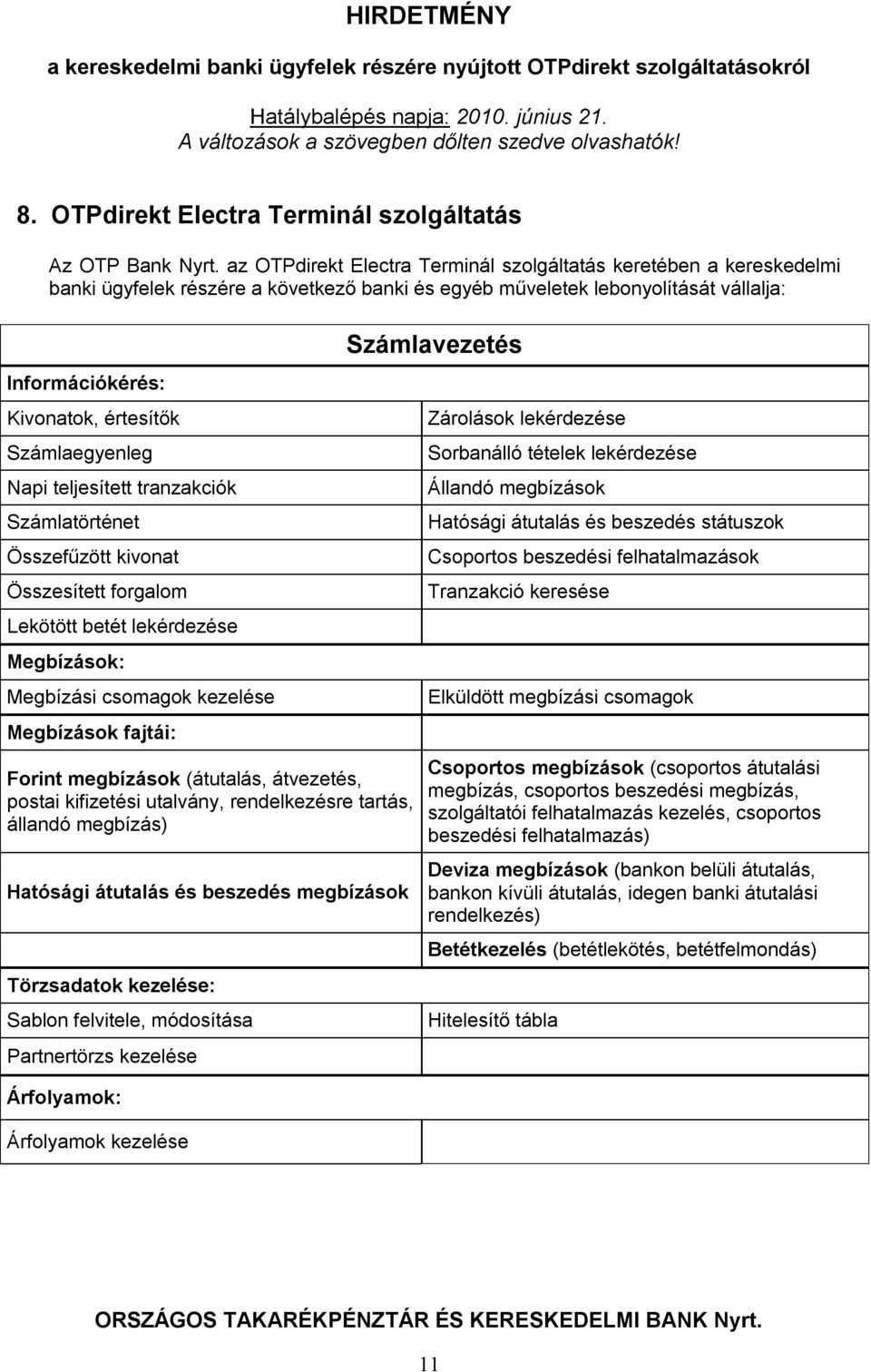 Számlaegyenleg Napi teljesített tranzakciók Számlatörténet Összefűzött kivonat Összesített forgalom Lekötött betét lekérdezése Megbízások: Megbízási csomagok kezelése Megbízások fajtái: Forint