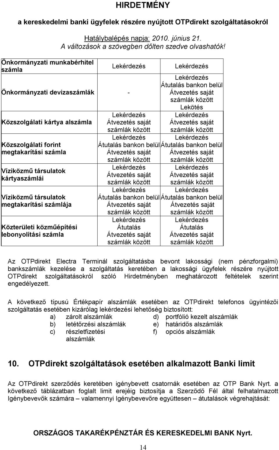 szolgáltatás keretében a lakossági ügyfelek részére nyújtott OTPdirekt szolgáltatásokról szóló Hirdetményben meghatározott feltételek szerint engedélyezett.