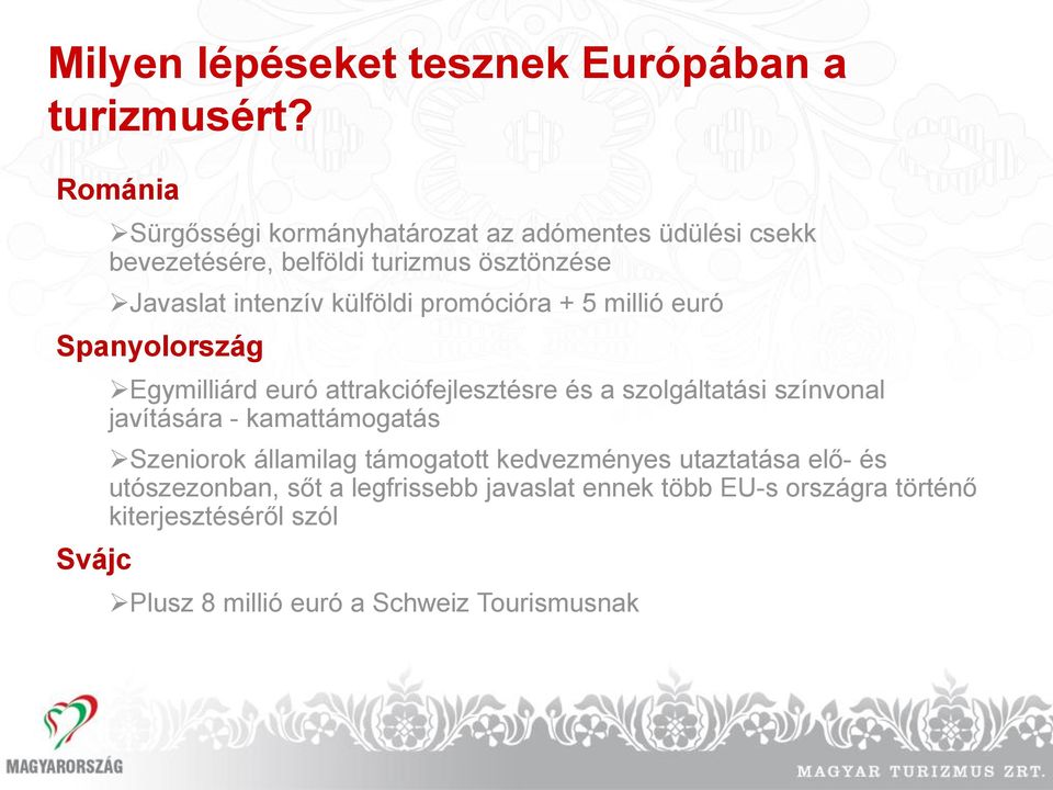 külföldi promócióra + 5 millió euró Spanyolország Svájc Egymilliárd euró attrakciófejlesztésre és a szolgáltatási színvonal