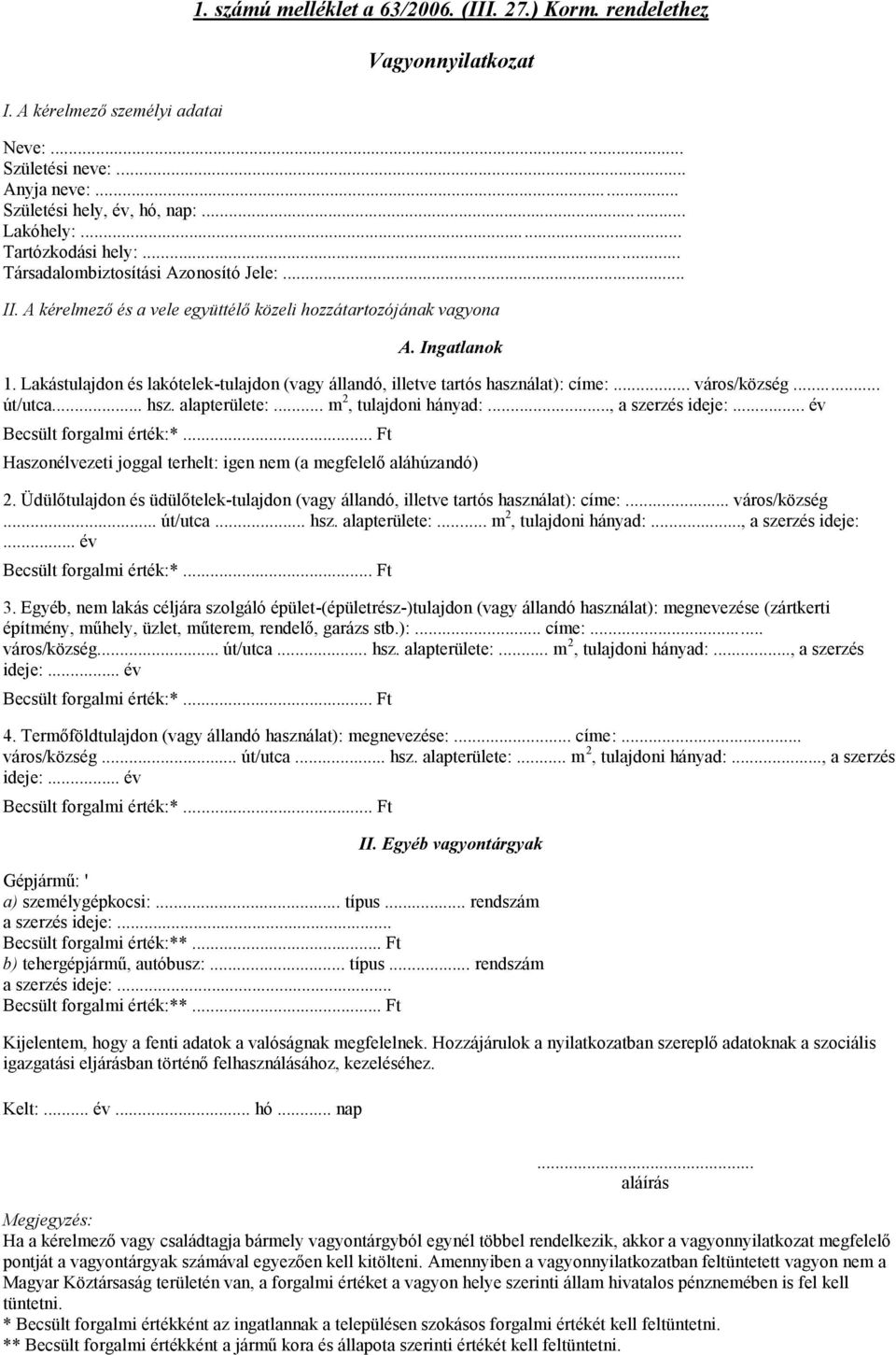 Lakástulajdon és lakótelek-tulajdon (vagy állandó, illetve tartós használat): címe:... város/község... út/utca... hsz. alapterülete:... m 2, tulajdoni hányad:..., a szerzés ideje:.