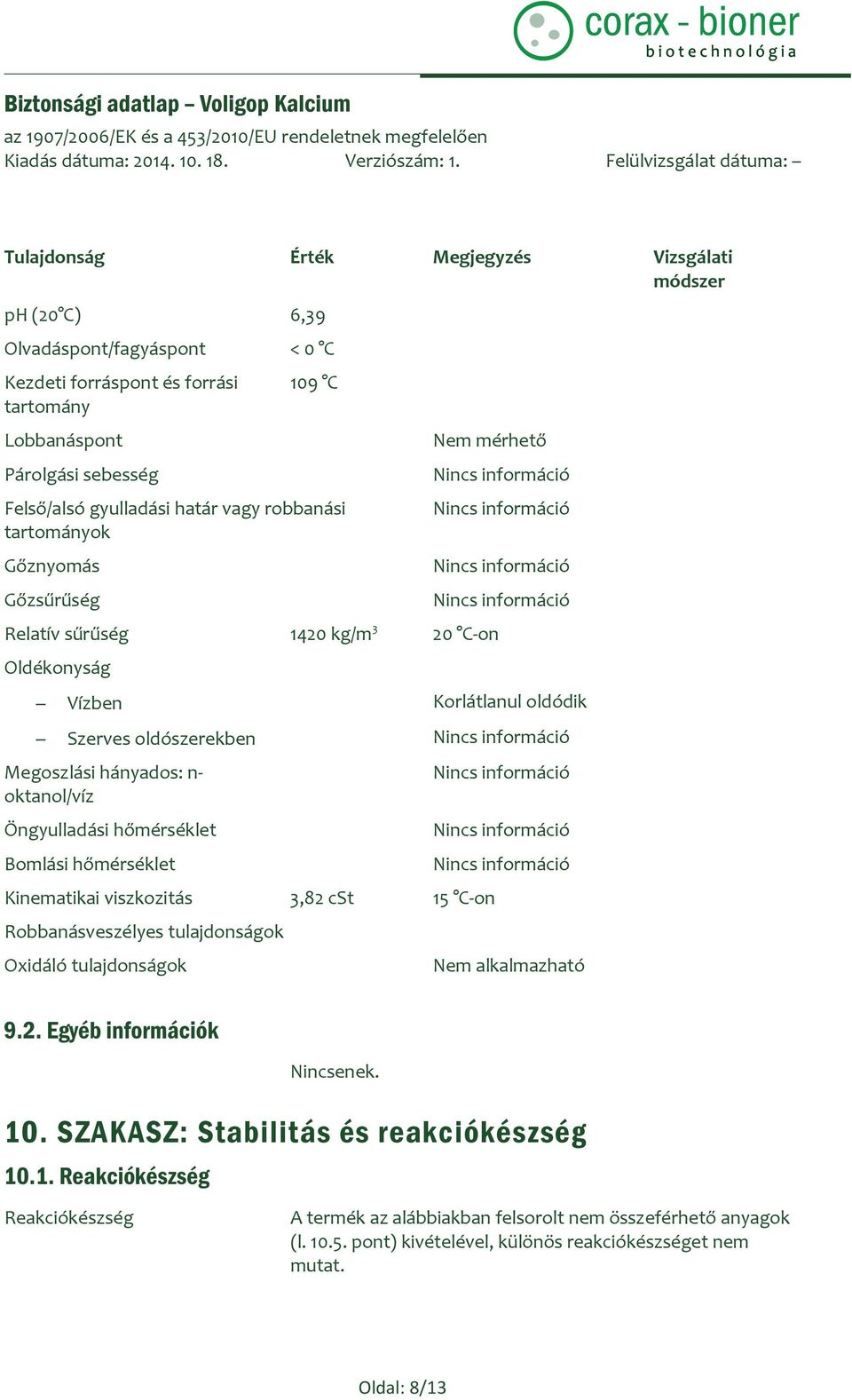 Öngyulladási hőmérséklet Bomlási hőmérséklet Kinematikai viszkozitás 3,82 cst 15 C-on Robbanásveszélyes tulajdonságok Oxidáló tulajdonságok Nem alkalmazható 9.2. Egyéb információk Nincsenek. 10.