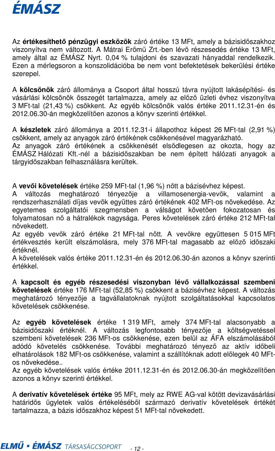 A kölcsönök záró állománya a Csoport által hosszú távra nyújtott lakásépítési- és vásárlási kölcsönök összegét tartalmazza, amely az elızı üzleti évhez viszonyítva 3 MFt-tal (21,43 %) csökkent.