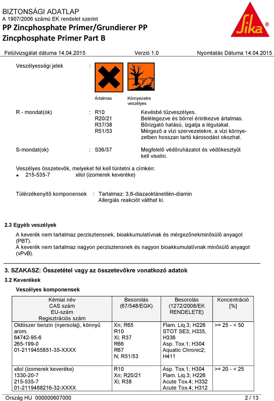 Veszélyes összetevők, melyeket fel kell tüntetni a címkén: 215-535-7 xilol (izomerek keveréke) Túlérzékenyítő komponensek : Tartalmaz: 3,6-diazaoktánetilén-diamin Allergiás reakciót válthat ki. 2.3 Egyéb veszélyek A keverék nem tartalmaz perzisztensnek, bioakkumulatívnak és mérgezőnekminősülő anyagot (PBT).