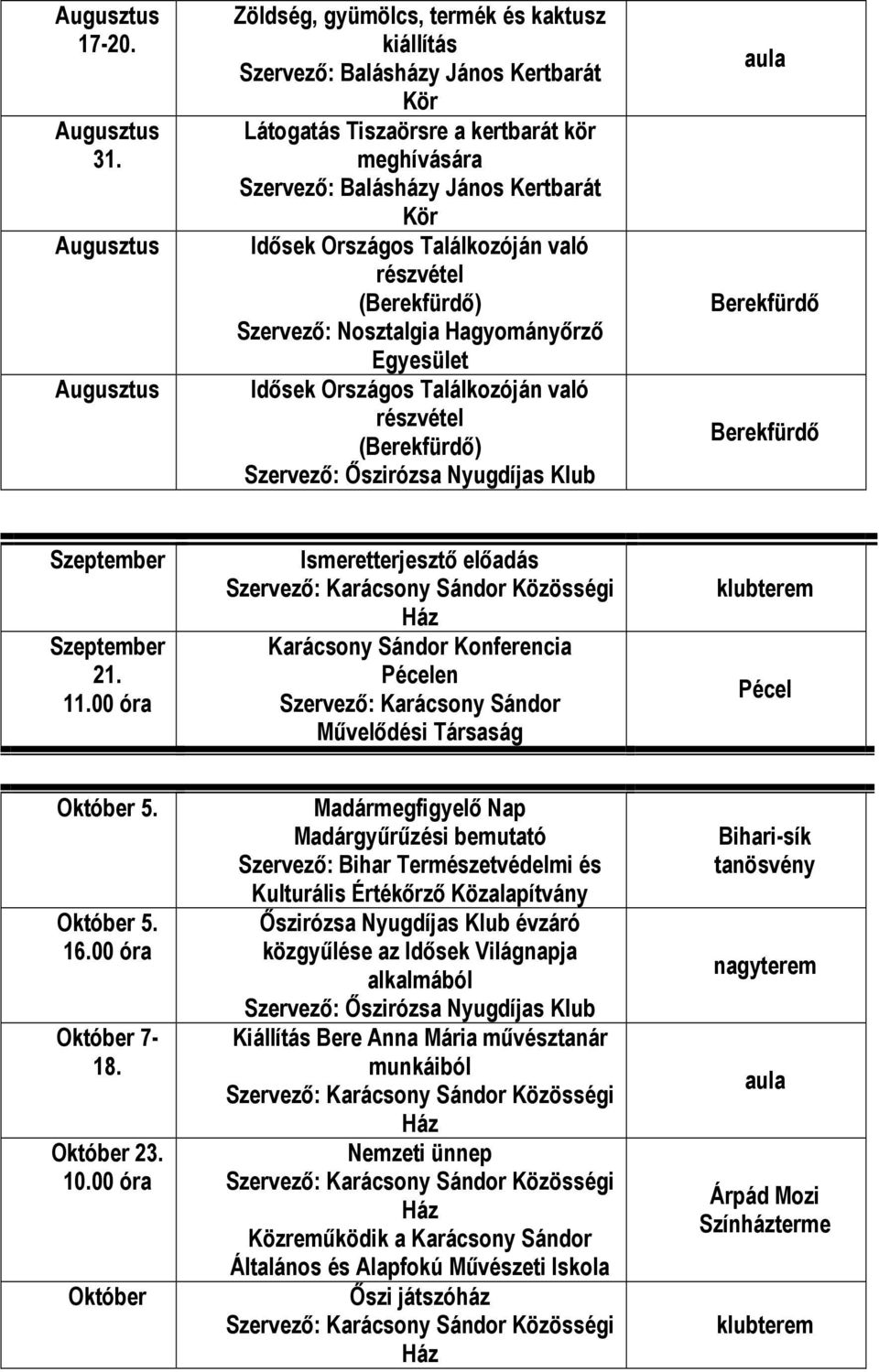 Hagyományőrző Egyesület Idősek Országos Találkozóján való részvétel (Berekfürdő) Berekfürdő Berekfürdő Szeptember Szeptember 21. 11.