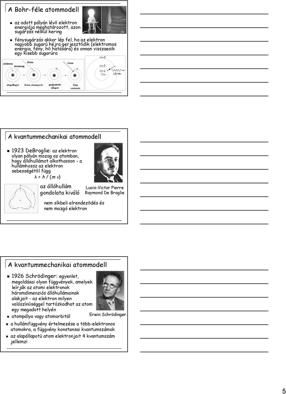 hullámhossz az elektron sebességétıl függ λ = h / (m v) az állóhullám gondolata kiváló nem síkbeli elrendezıdés és nem mozgó elektron Luois-Victor Pierre Raymond De Broglie A kvantummechanikai