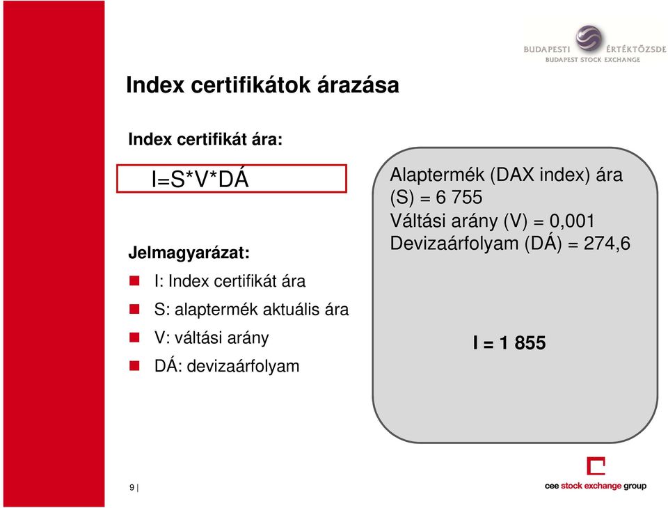 V: váltási arány DÁ: devizaárfolyam Alaptermék (DAX index) ára
