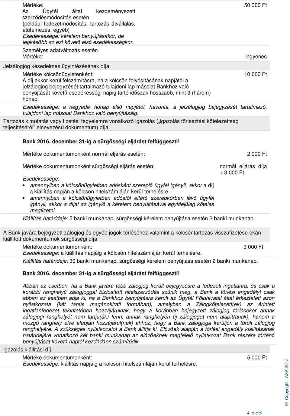 Személyes adatváltozás esetén 50 000 Ft ingyenes Jelzálogjog késedelmes ügyintézésének díja Mértéke kölcsönügyletenként: A díj akkor kerül felszámításra, ha a kölcsön folyósításának napjától a