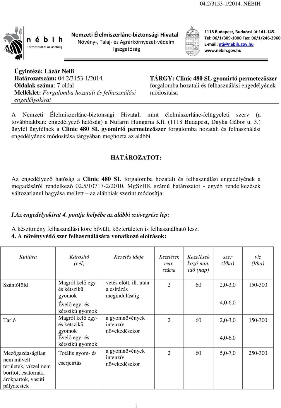 Oldalak száma: 7 oldal Melléklet: Forgalomba hozatali és felhasználási engedélyokirat TÁRGY: Clinic 480 SL gyomirtó permetezőszer forgalomba hozatali és felhasználási engedélyének módosítása A