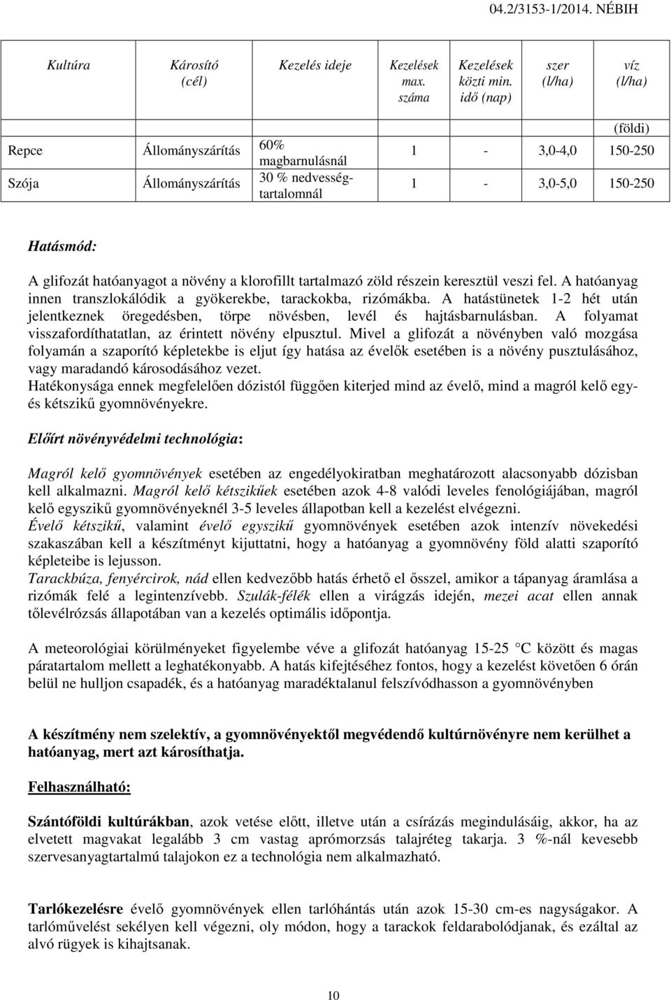keresztül veszi fel. A hatóanyag innen transzlokálódik a gyökerekbe, tarackokba, rizómákba. A hatástünetek 1-2 hét jelentkeznek öregedésben, törpe növésben, levél és hajtásbarnulásban.