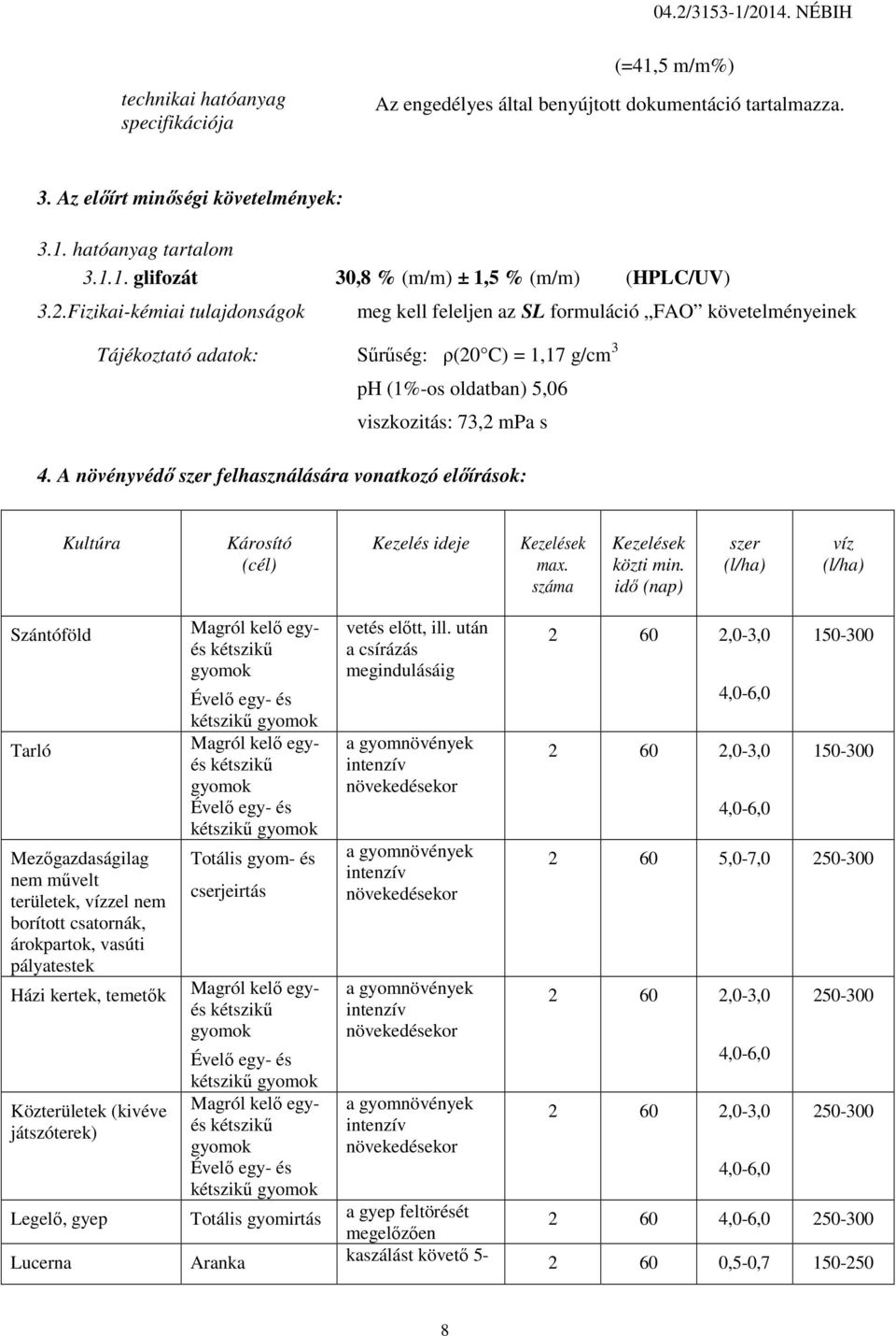 A növényvédő szer felhasználására vonatkozó előírások: Kultúra Károsító (cél) Kezelés ideje max. száma közti min.