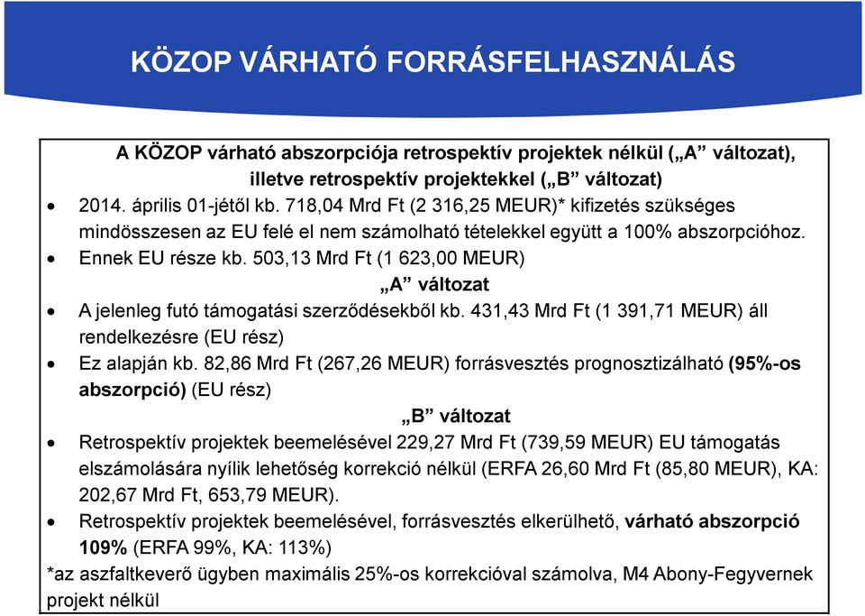 503,13 Mrd Ft (1 623,00 MEUR) A változat A jelenleg futó támogatási szerződésekből kb. 431,43 Mrd Ft (1 391,71 MEUR) áll rendelkezésre (EU rész) Ez alapján kb.