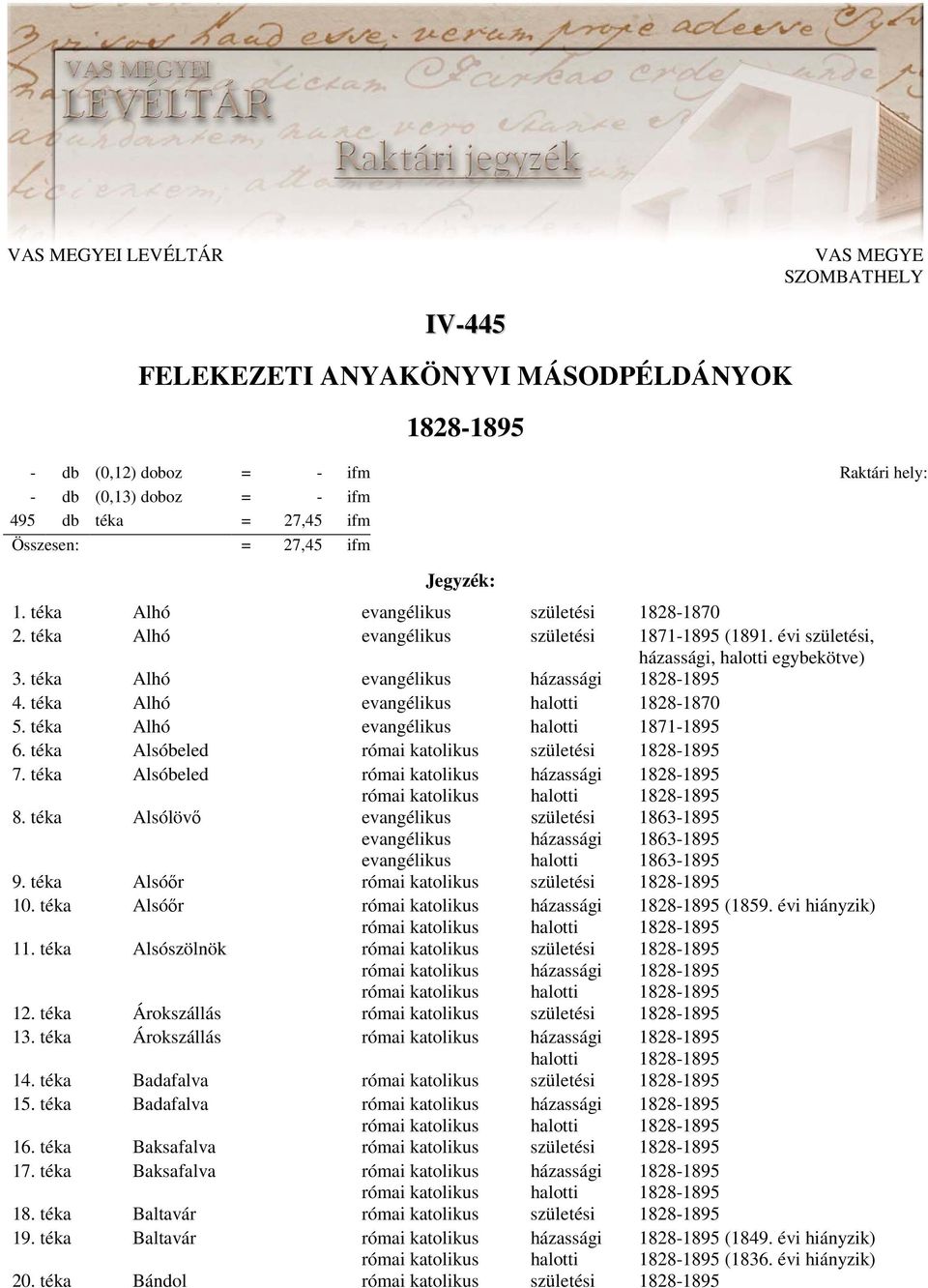 téka Alsóbeled 7. téka Alsóbeled 8. téka Alsólövı 1863-1895 1863-1895 1863-1895 9. téka Alsóır 10. téka Alsóır (1859. évi hiányzik) 11. téka Alsószölnök 12. téka Árokszállás 13.