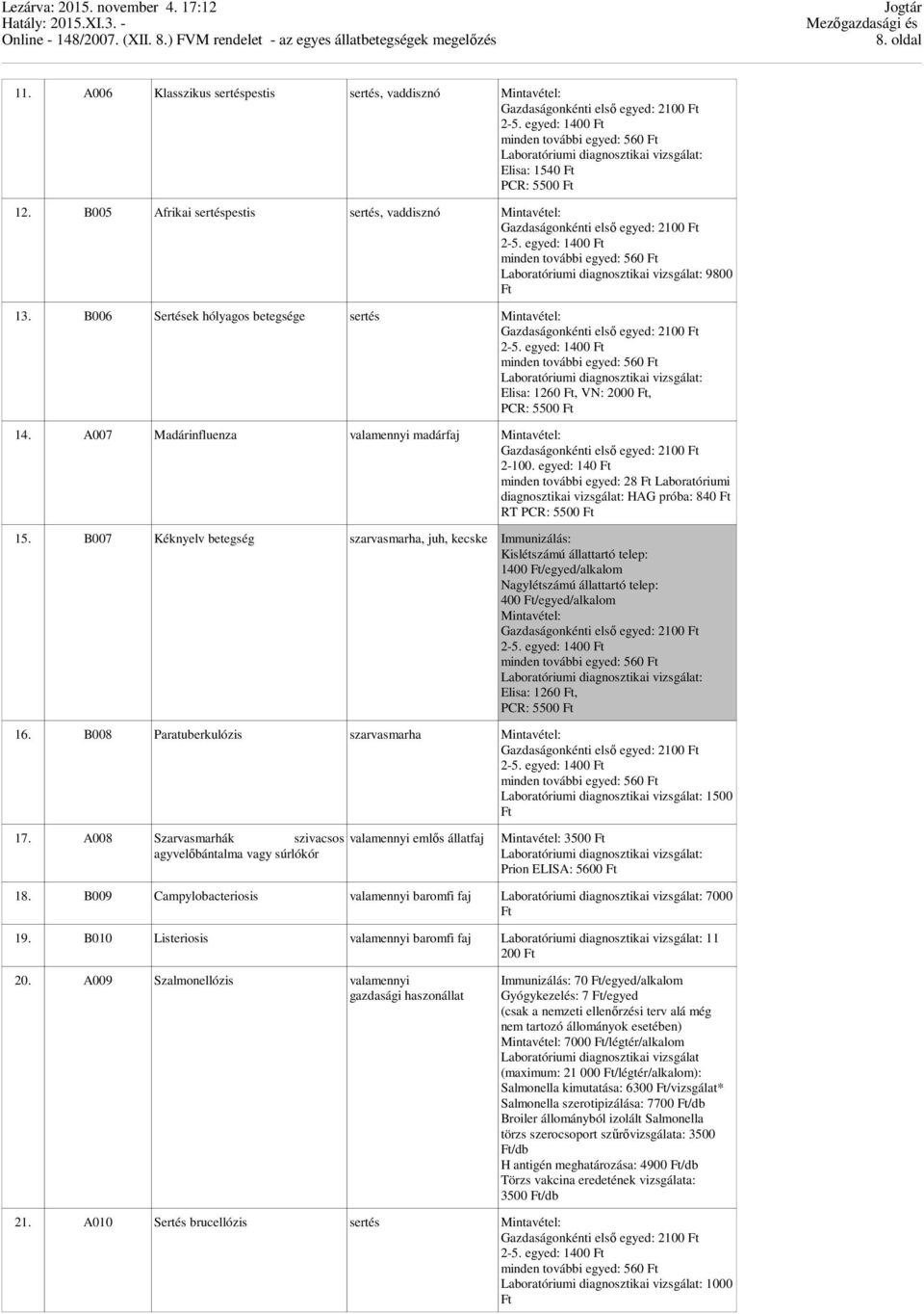 egyed: 140 minden további egyed: 28 Laboratóriumi diagnosztikai vizsgálat: HAG próba: 840 RT PCR: 5500 15.