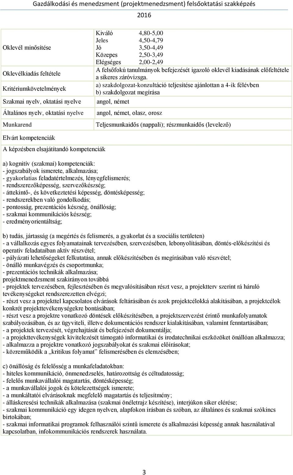 a) szakdolgozat-konzultáció teljesítése ajánlottan a 4-ik félévben b) szakdolgozat megírása angol, német angol, német, olasz, orosz Teljesmunkaidős (nappali); részmunkaidős (levelező) Elvárt