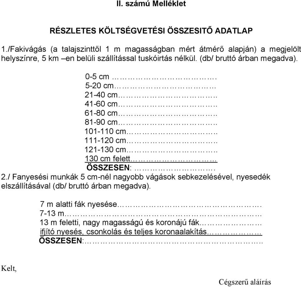 (db/ bruttó árban megadva). 0-5 cm. 5-20 cm 21