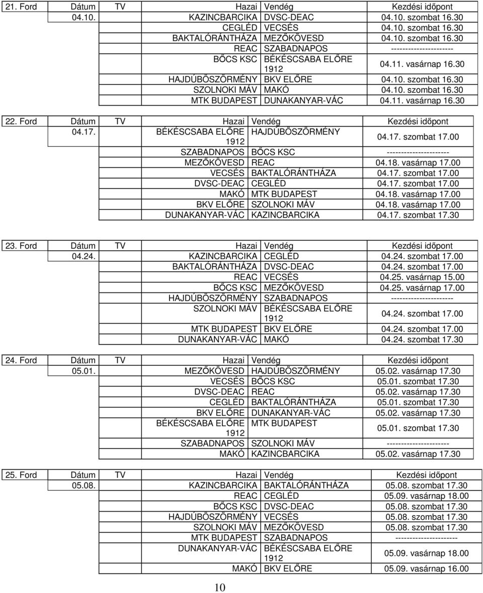 Ford Dátum TV Hazai Vendég Kezdési időpont 04.17. BÉKÉSCSABA ELŐRE HAJDÚBÖSZÖRMÉNY 04.17. szombat 17.00 SZABADNAPOS BŐCS KSC ---------------------- MEZŐKÖVESD REAC 04.18. vasárnap 17.