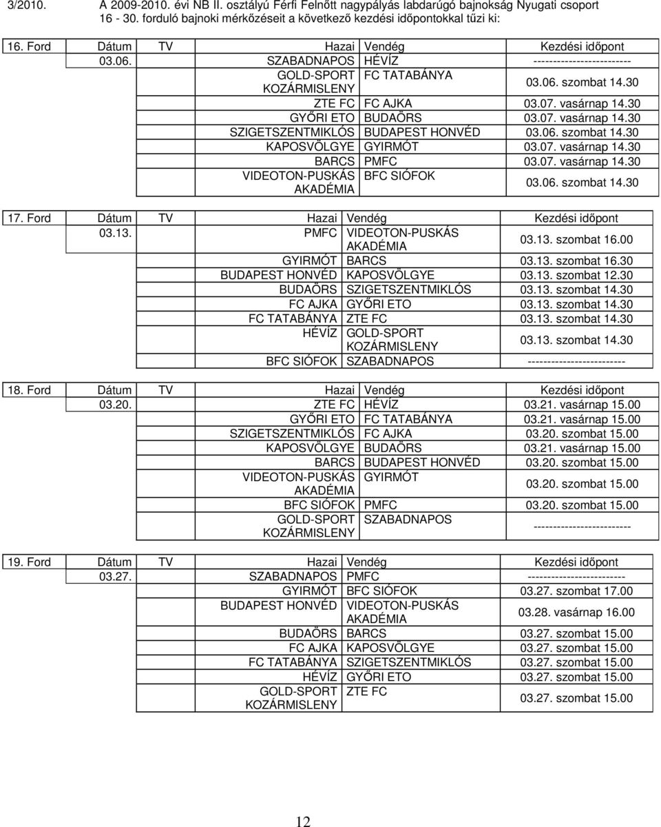 30 GYŐRI ETO BUDAÖRS 03.07. vasárnap 14.30 SZIGETSZENTMIKLÓS BUDAPEST HONVÉD 03.06. szombat 14.30 KAPOSVÖLGYE GYIRMÓT 03.07. vasárnap 14.30 BARCS PMFC 03.07. vasárnap 14.30 VIDEOTON-PUSKÁS BFC SIÓFOK 03.