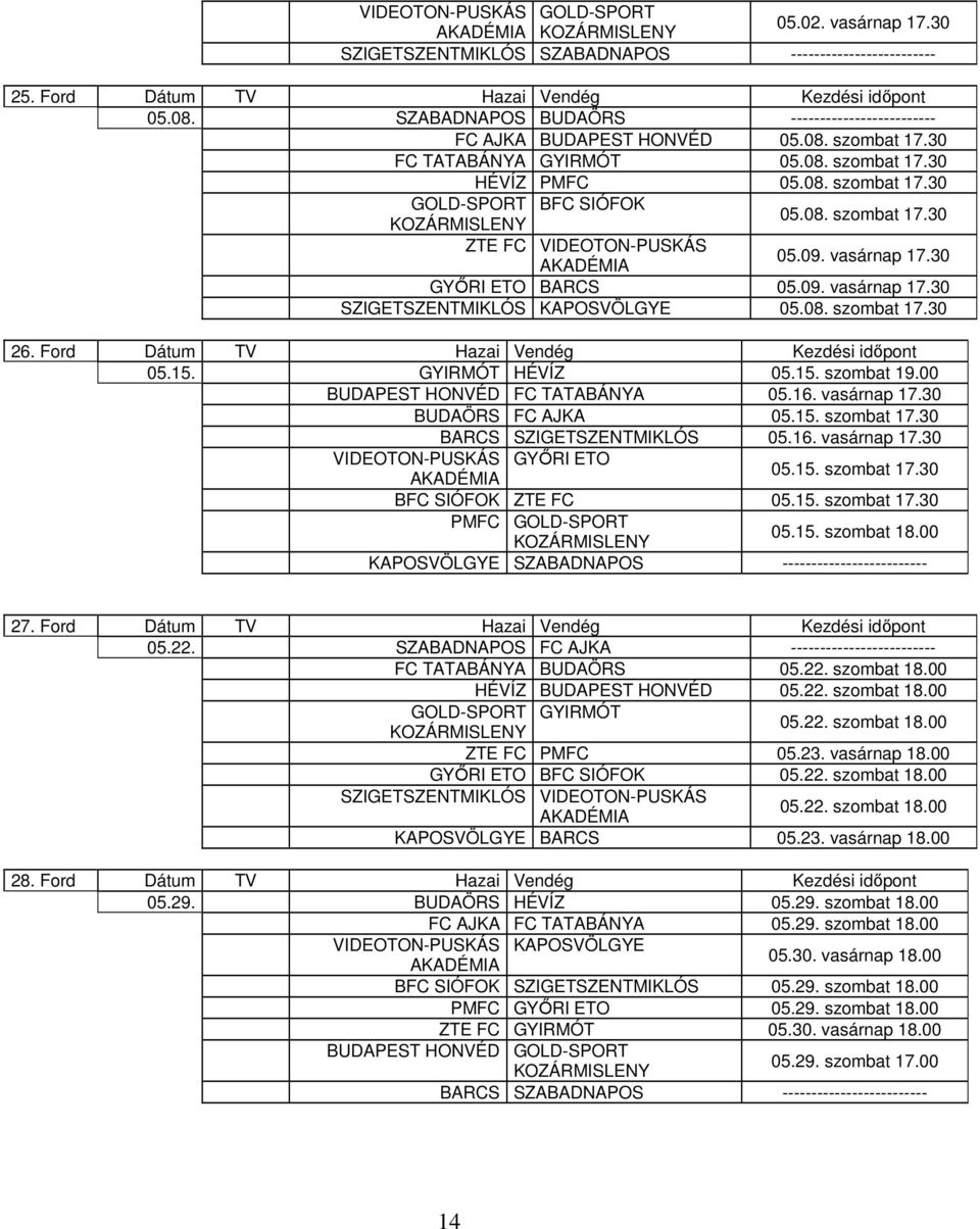 09. vasárnap 17.30 GYŐRI ETO BARCS 05.09. vasárnap 17.30 SZIGETSZENTMIKLÓS KAPOSVÖLGYE 05.08. szombat 17.30 26. Ford Dátum TV Hazai Vendég Kezdési időpont 05.15. GYIRMÓT HÉVÍZ 05.15. szombat 19.