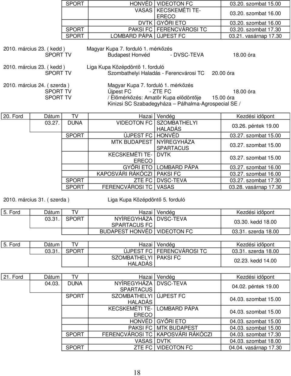 forduló SPORT TV Szombathelyi Haladás - Ferencvárosi TC 20.00 óra 2010. március 24. ( szerda ) Magyar Kupa 7. forduló 1. mérkőzés SPORT TV Újpest FC - ZTE FC 18.