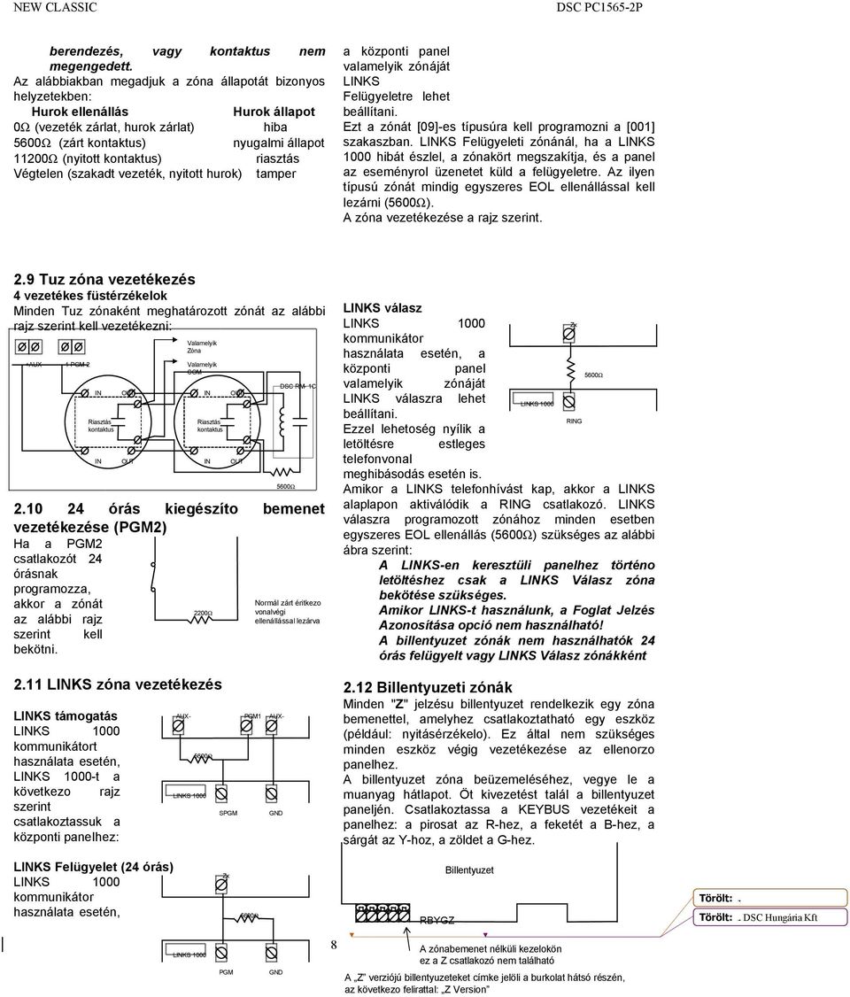 kontaktus) riasztás Végtelen (szakadt vezeték, nyitott hurok) tamper a központi panel valamelyik zónáját LINKS Felügyeletre lehet beállítani.