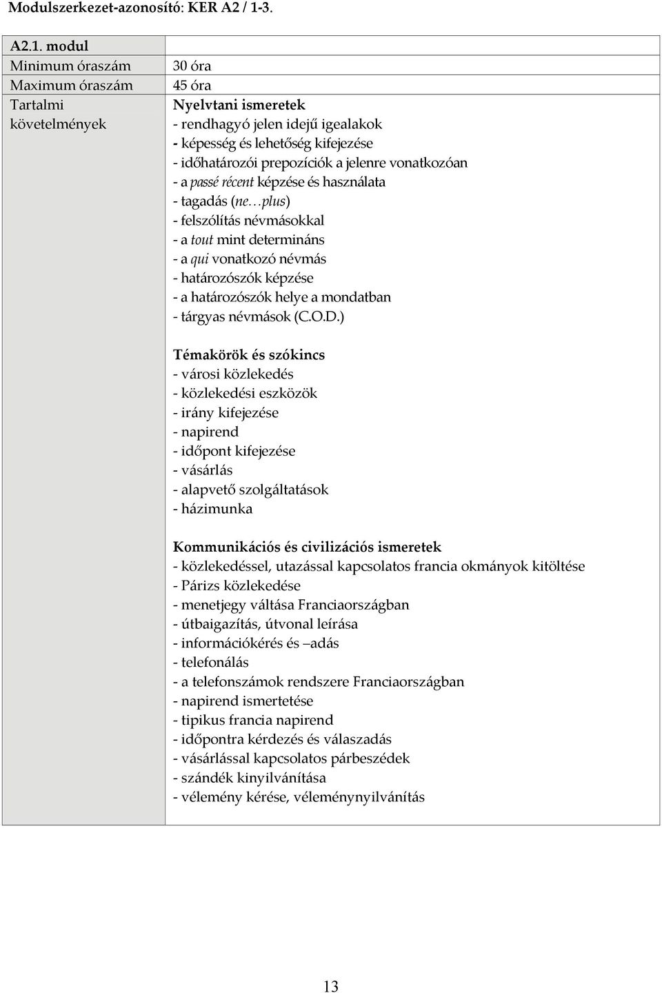 modul Minimum óraszám Maximum óraszám Tartalmi követelmények 30 óra 45 óra Nyelvtani ismeretek rendhagyó jelen idejű igealakok képesség és lehetőség kifejezése időhatározói prepozíciók a jelenre