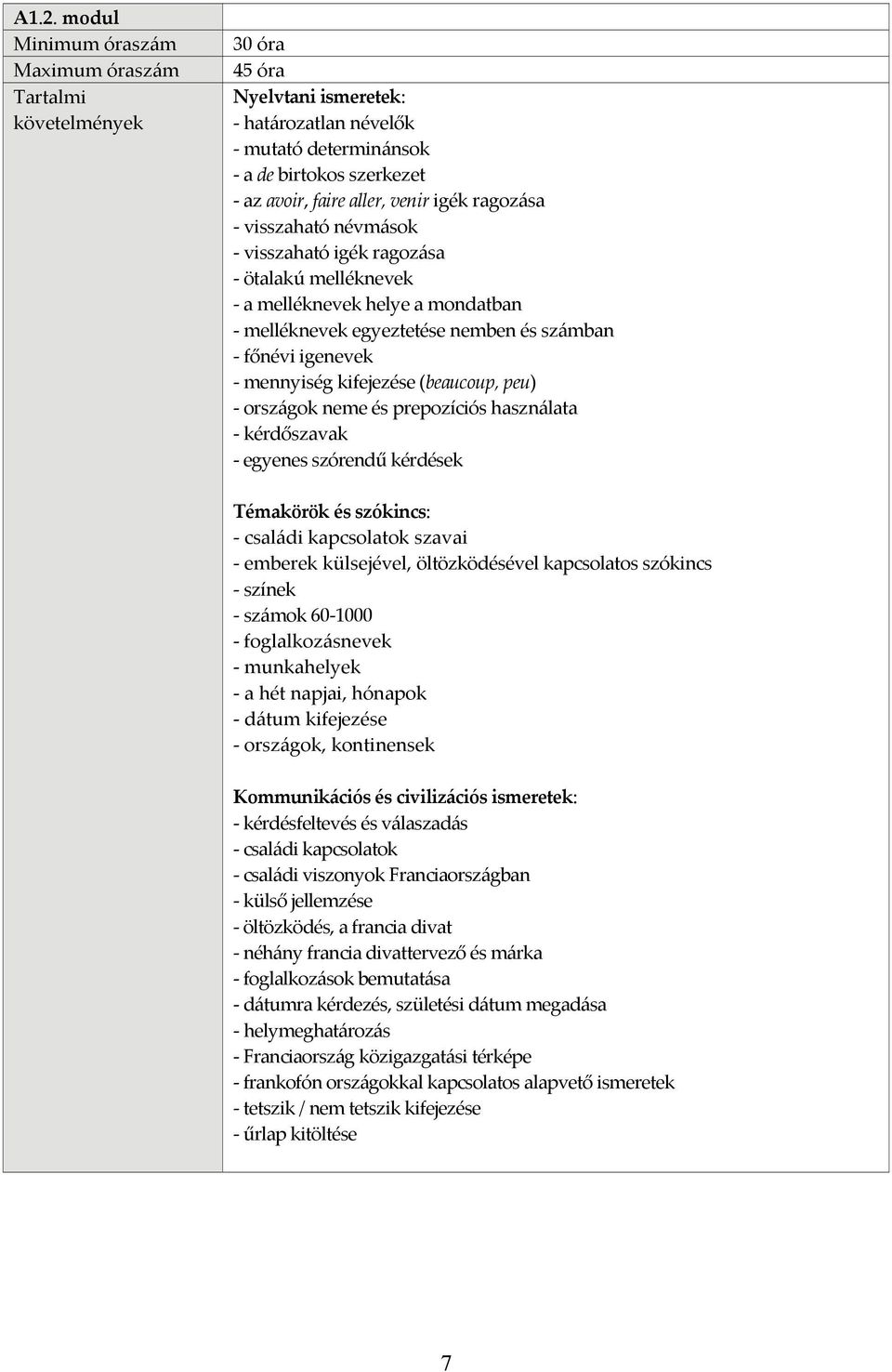 (beaucoup, peu) országok neme és prepozíciós használata kérdőszavak egyenes szórendű kérdések Témakörök és szókincs: családi kapcsolatok szavai emberek külsejével, öltözködésével kapcsolatos szókincs