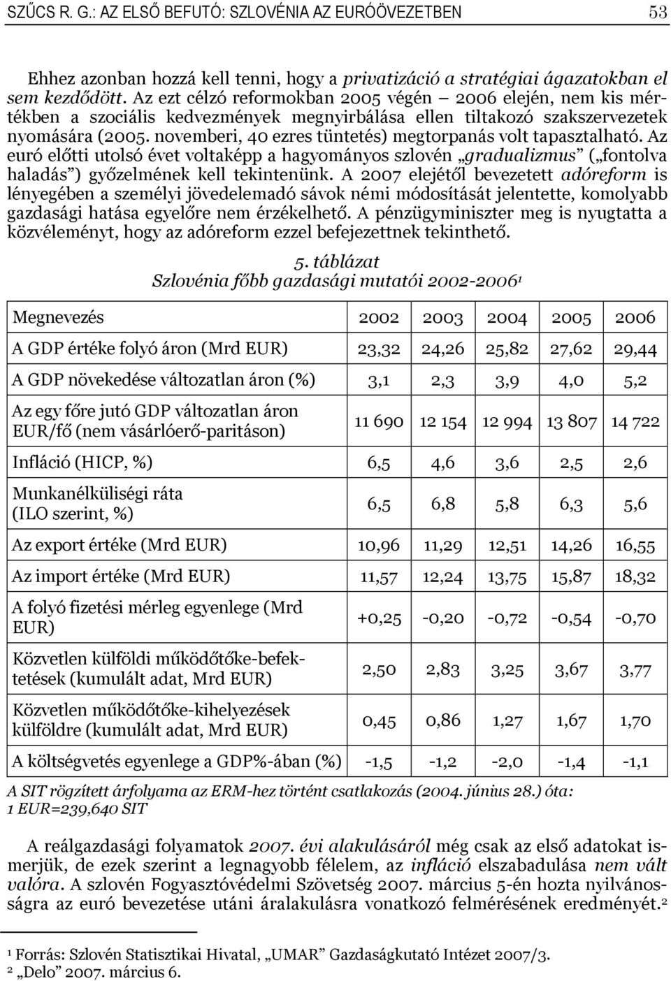 novemberi, 40 ezres tüntetés) megtorpanás volt tapasztalható. Az euró előtti utolsó évet voltaképp a hagyományos szlovén gradualizmus ( fontolva haladás ) győzelmének kell tekintenünk.