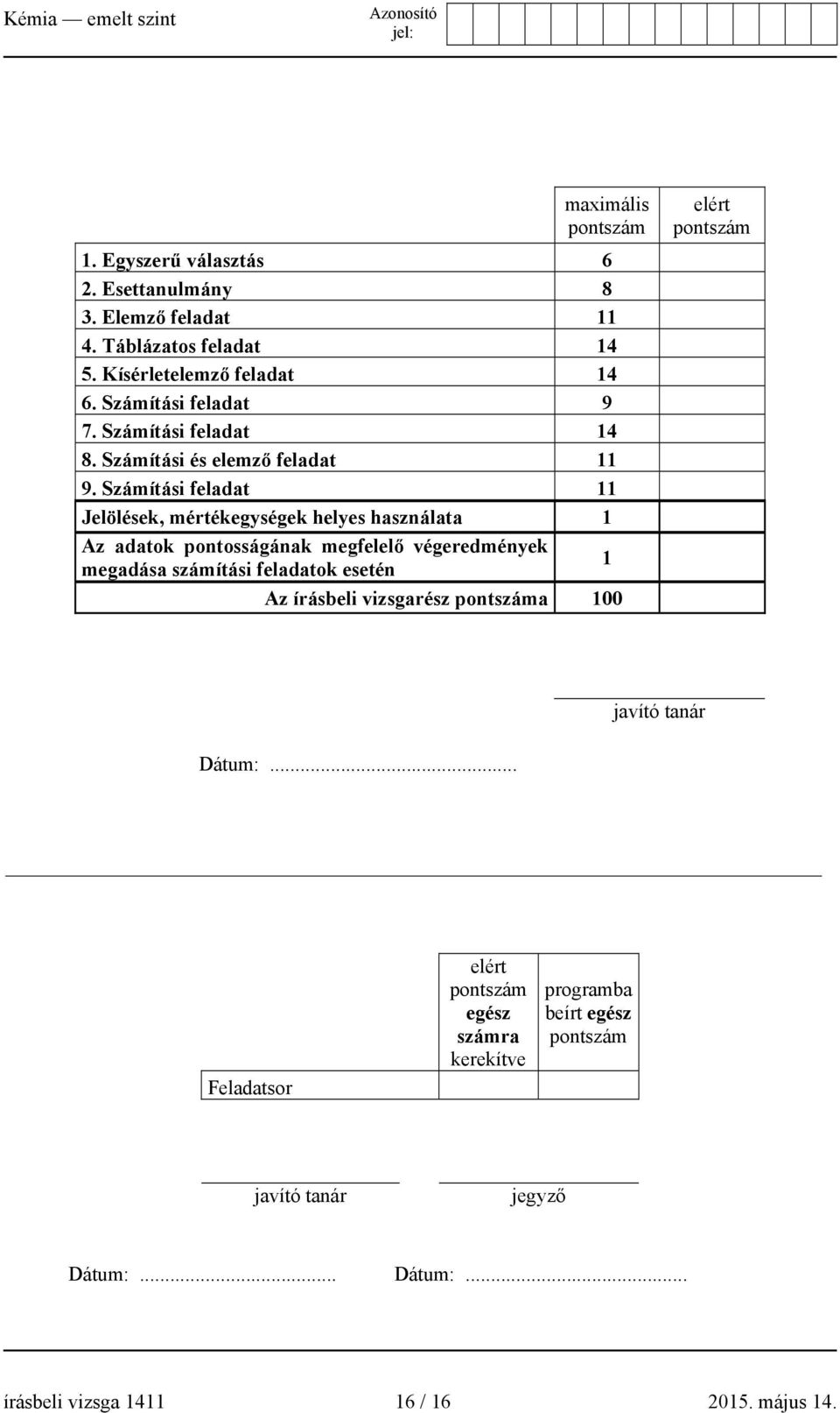 Számítási feladat 11 Jelölések, mértékegységek helyes használata 1 Az adatok pontosságának megfelelő végeredmények megadása számítási feladatok esetén 1