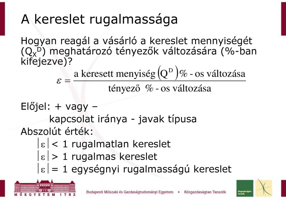 a keresett menyiség tényező Előjel: + vagy kacsolat iránya - javak tíusa Abszolút