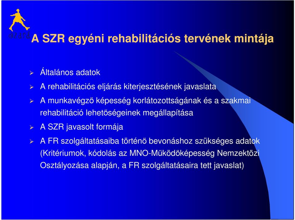 lehetőségeinek megállapítása A SZR javasolt formája A FR szolgáltatásaiba történő bevonáshoz