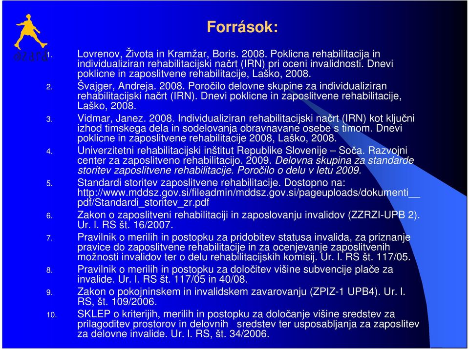 Dnevi poklicne in zaposlitvene rehabilitacije, Laško, 2008. 3. Vidmar, Janez. 2008. Individualiziran rehabilitacijski načrt (IRN) kot ključni izhod timskega dela in sodelovanja obravnavane osebe s timom.