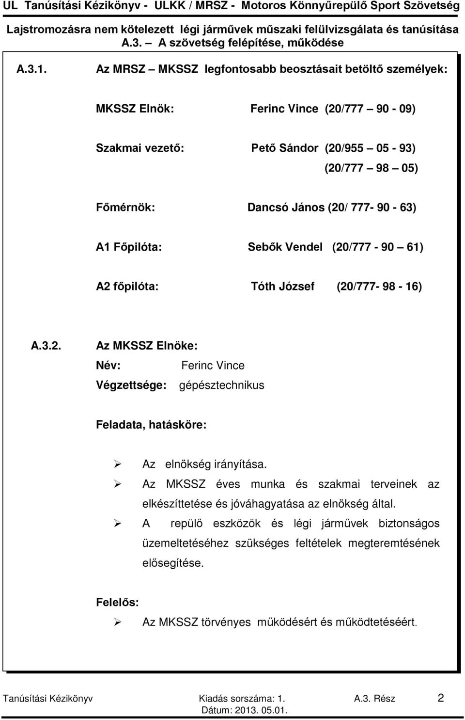 (20/ 777-90 - 63) A1 Főpilóta: Sebők Vendel (20/777-90 61) A2 főpilóta: Tóth József (20/777-98 - 16) A.3.2. Az MKSSZ Elnöke: Név: Ferinc Vince Végzettsége: gépésztechnikus Feladata, hatásköre: Az elnökség irányítása.