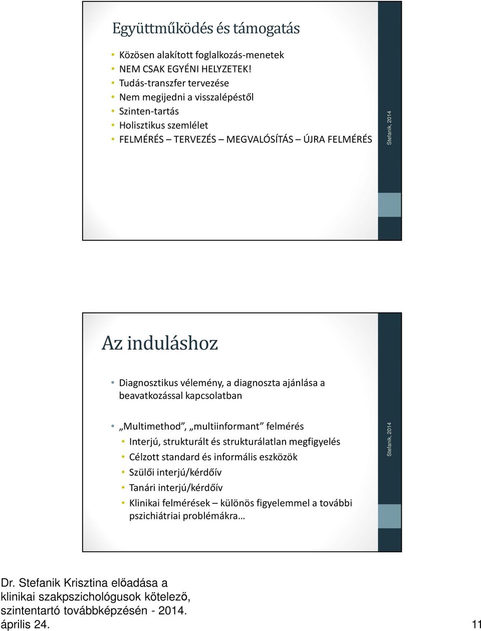 induláshoz Diagnosztikus vélemény, a diagnoszta ajánlása a beavatkozással kapcsolatban Multimethod, multiinformant felmérés Interjú, strukturált