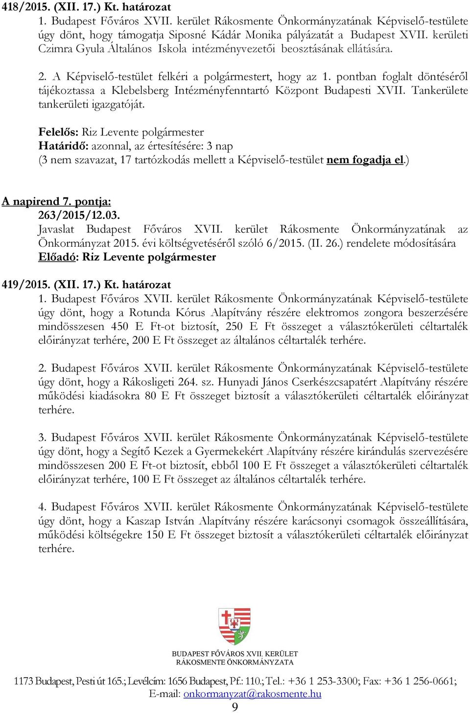 Határidő: azonnal, az értesítésére: 3 nap (3 nem szavazat, 17 tartózkodás mellett a Képviselő-testület nem fogadja el.) A napirend 7. pontja: 263/2015/12.03. Javaslat Budapest Főváros XVII.