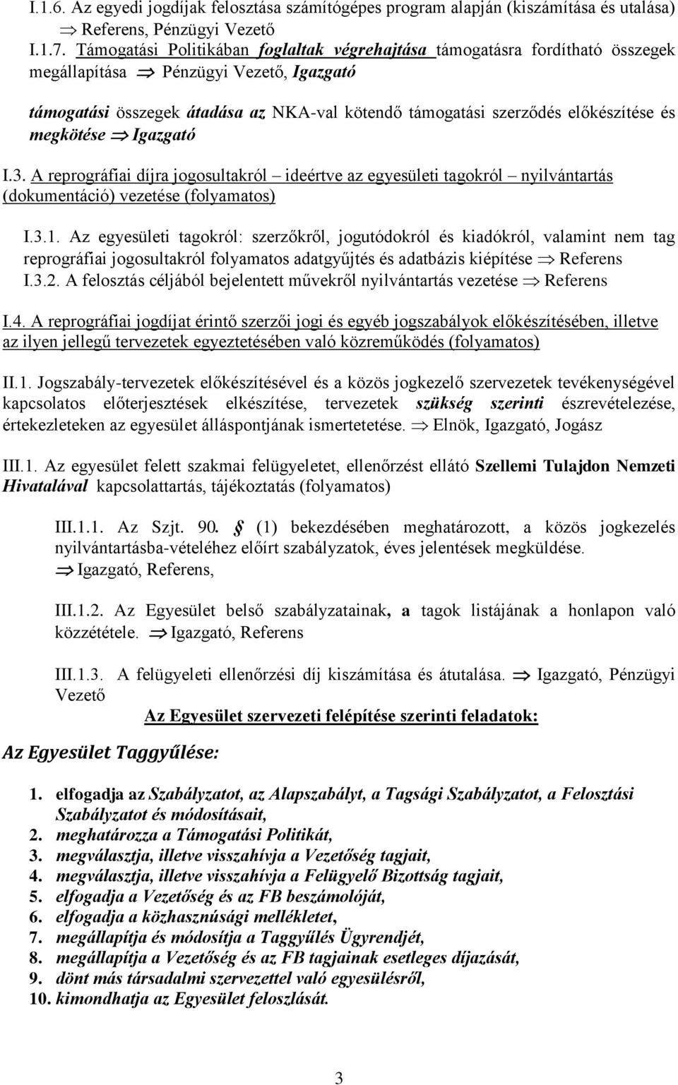 és megkötése Igazgató I.3. A reprográfiai díjra jogosultakról ideértve az egyesületi tagokról nyilvántartás (dokumentáció) vezetése (folyamatos) I.3.1.