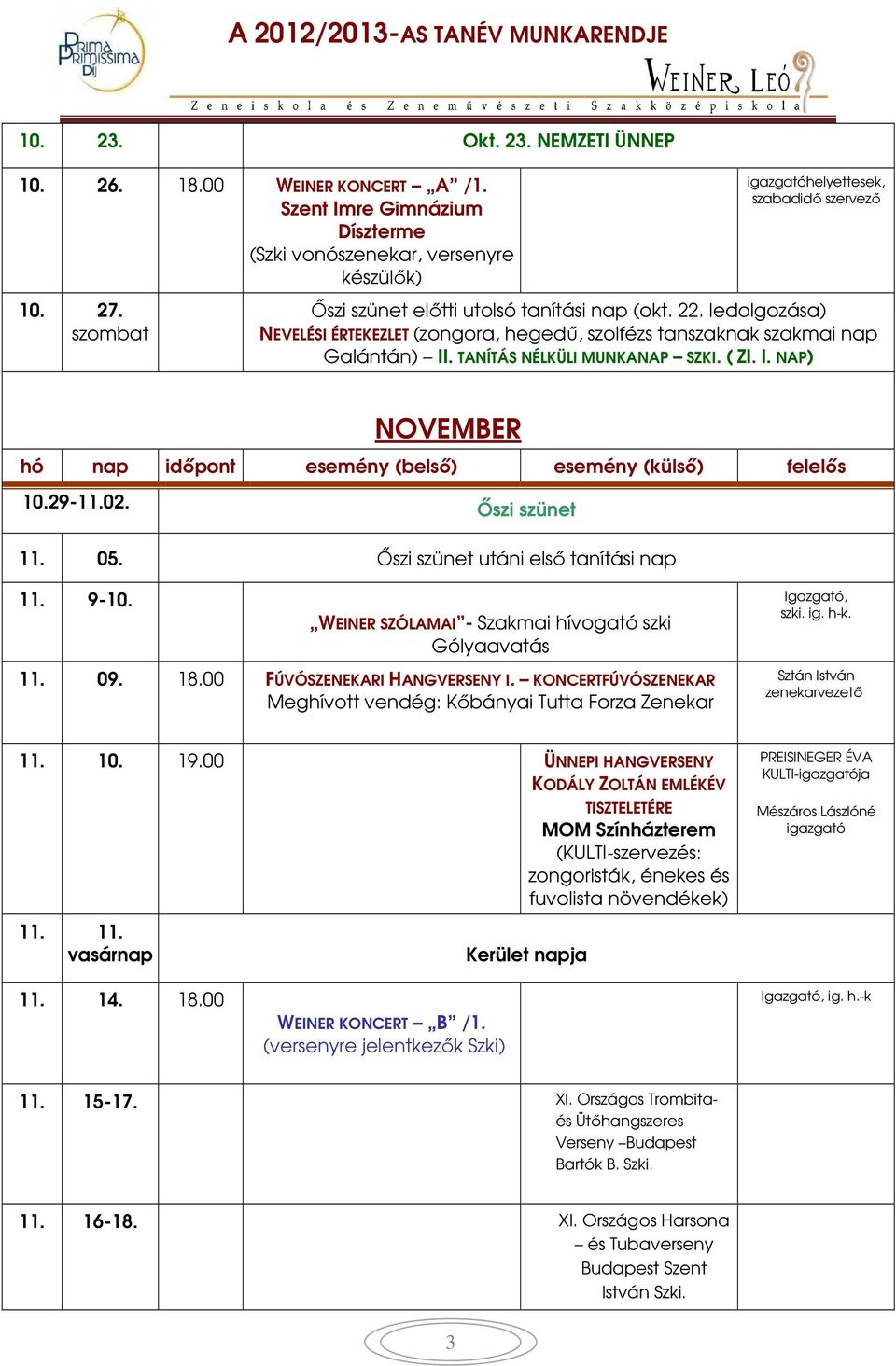 29-11.02. Őszi szünet 11. 05. Őszi szünet utáni első tanítási nap 11. 9-10. WEINER SZÓLAMAI - Szakmai hívogató szki Gólyaavatás Igazgató, szki. ig. h-k. 11. 09. 18.00 FÚVÓSZENEKARI HANGVERSENY I.