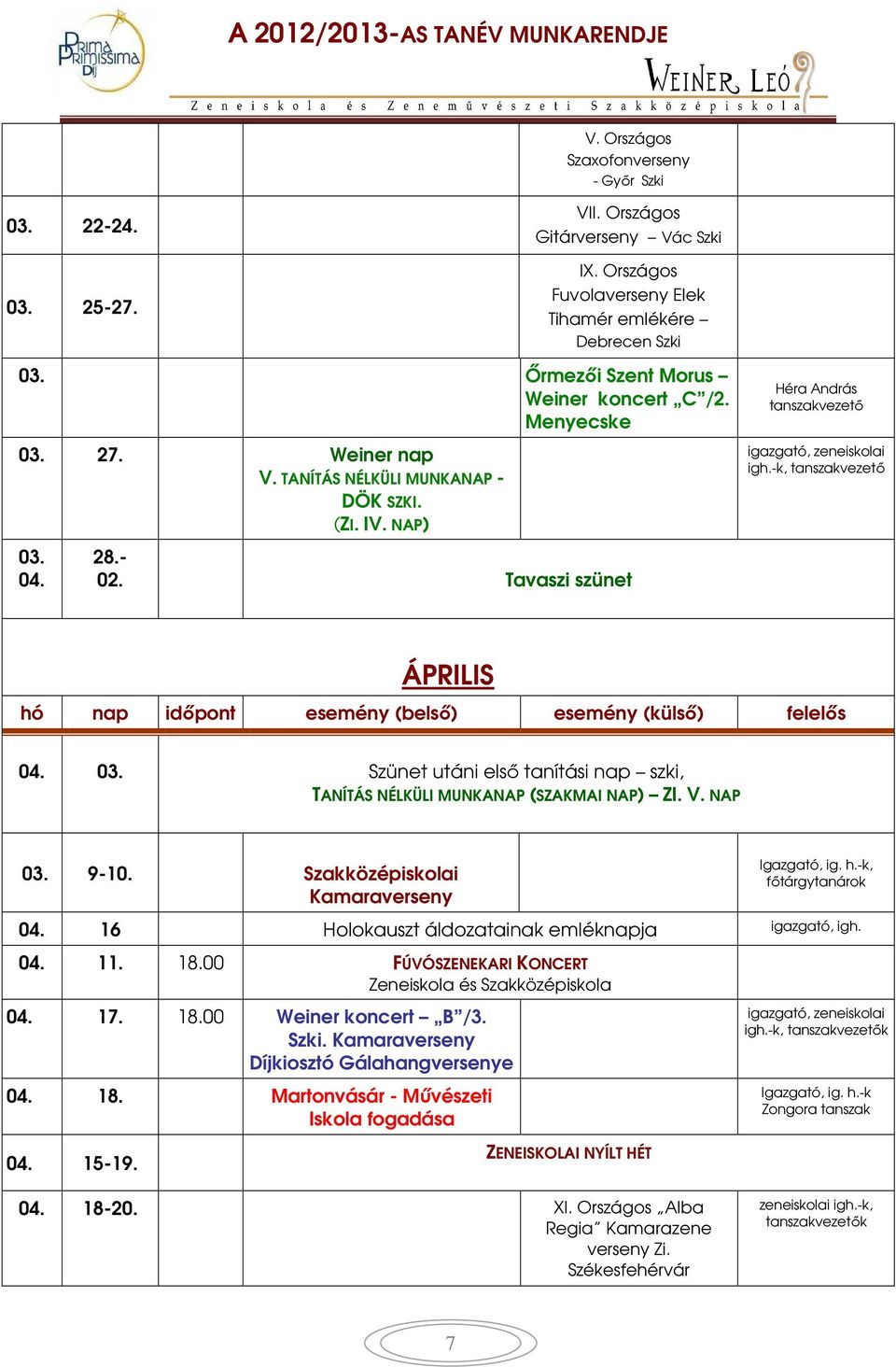 03. Szünet utáni első tanítási nap szki, TANÍTÁS NÉLKÜLI MUNKANAP (SZAKMAI NAP) ZI. V. NAP 03. 9-10. Szakközépiskolai Kamaraverseny Igazgató, ig. h.-k, főtárgytanárok 04.