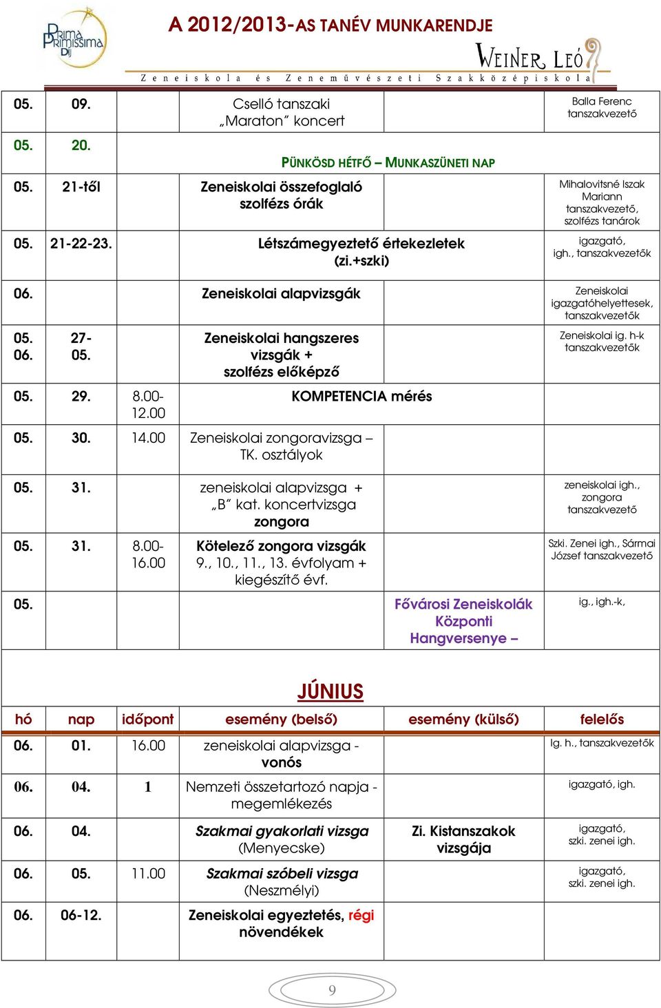 00 Zeneiskolai hangszeres vizsgák + szolfézs előképző KOMPETENCIA mérés 05. 30. 14.00 Zeneiskolai zongoravizsga TK. osztályok Zeneiskolai ig. h-k k 05. 31. zeneiskolai alapvizsga + B kat.