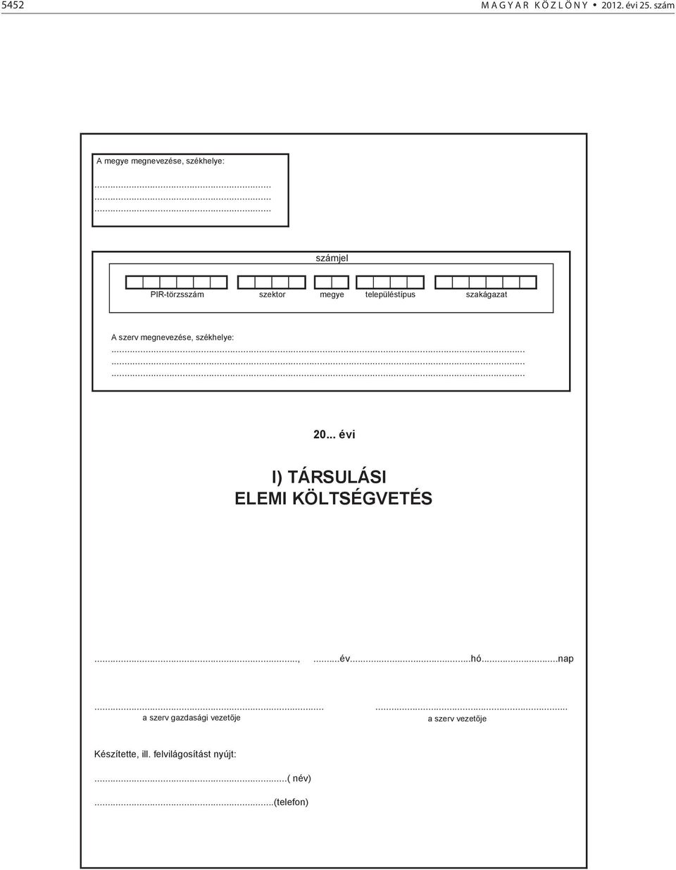 ........ 20... évi I) TÁRSULÁSI ELEMI KÖLTSÉGVETÉS...,...év...hó...nap.