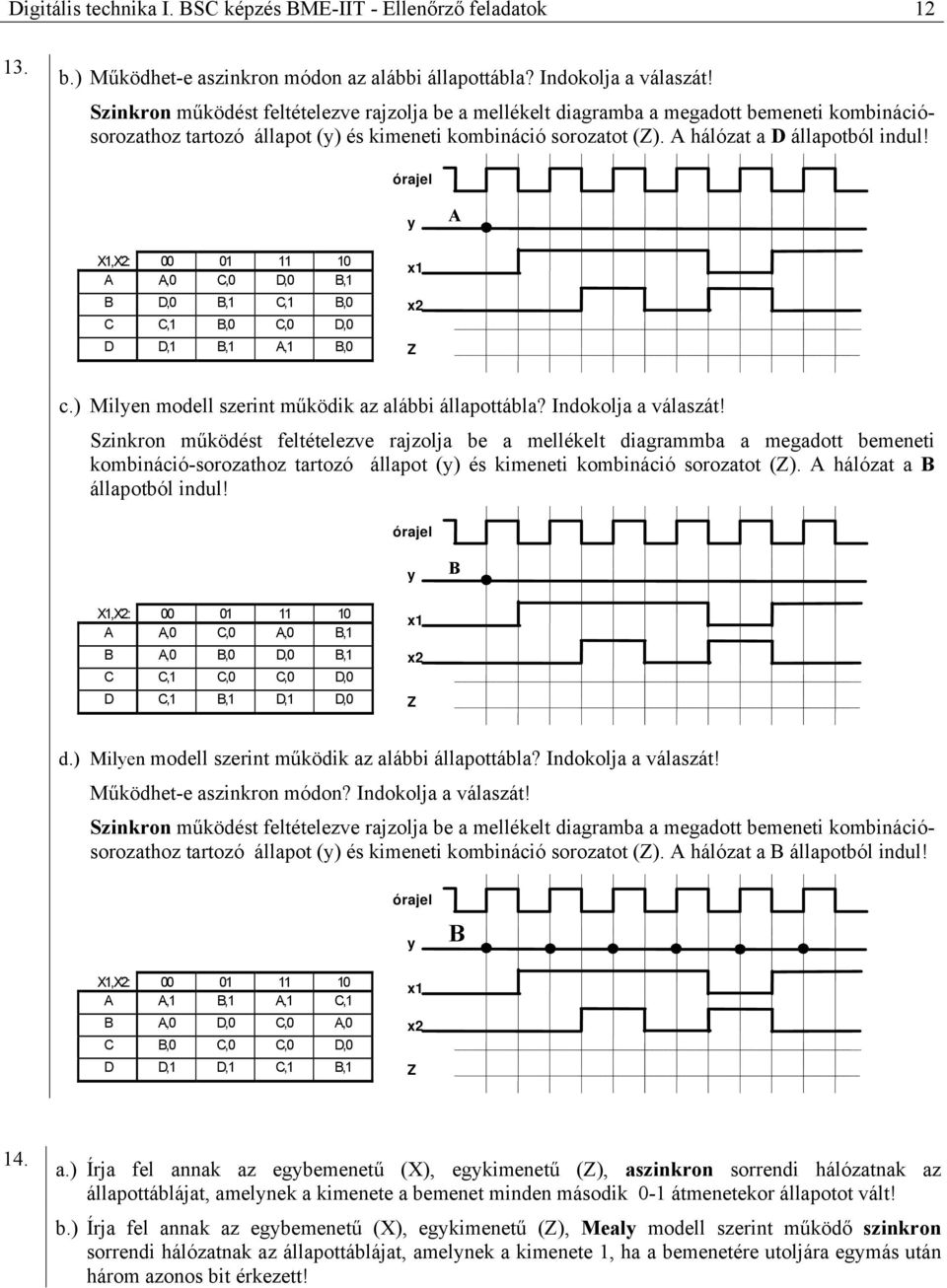 órajel y X1,X2: 00 01 11 10,0,0,0,1,0,1,1,0,1,0,0,0,1,1,1,0 x1 x2 Z c.) Milyen modell szerint működik az alábbi állapottábla? Indokolja a válaszát!