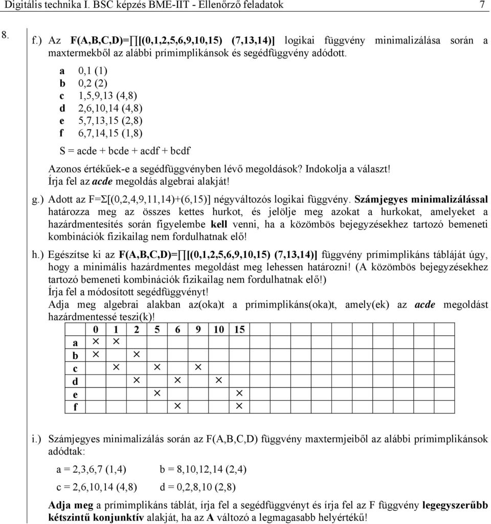 Írja fel az acde megoldás algebrai alakját! g.) dott az =Σ[(0,2,4,9,11,14)+(6,15)] négyváltozós logikai függvény.