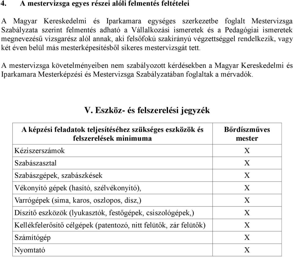A mestervizsga követelményeiben nem szabályozott kérdésekben a Magyar Kereskedelmi és Iparkamara Mesterképzési és Mestervizsga Szabályzatában foglaltak a mérvadók. V.