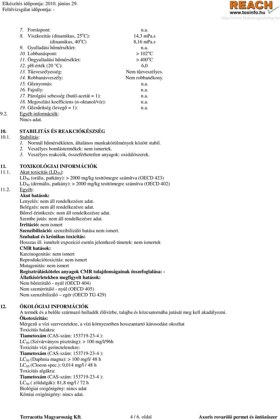 Párolgási sebesség (butil-acetát = 1): n.a. 18. Megoszlási koefficiens (n-oktanol/víz): n.a. 19. Gızsőrőség (levegı = 1): n.a. 9.2. Egyéb információk: Nincs adat. 10. STABILITÁS ÉS REAKCIÓKÉSZSÉG 10.