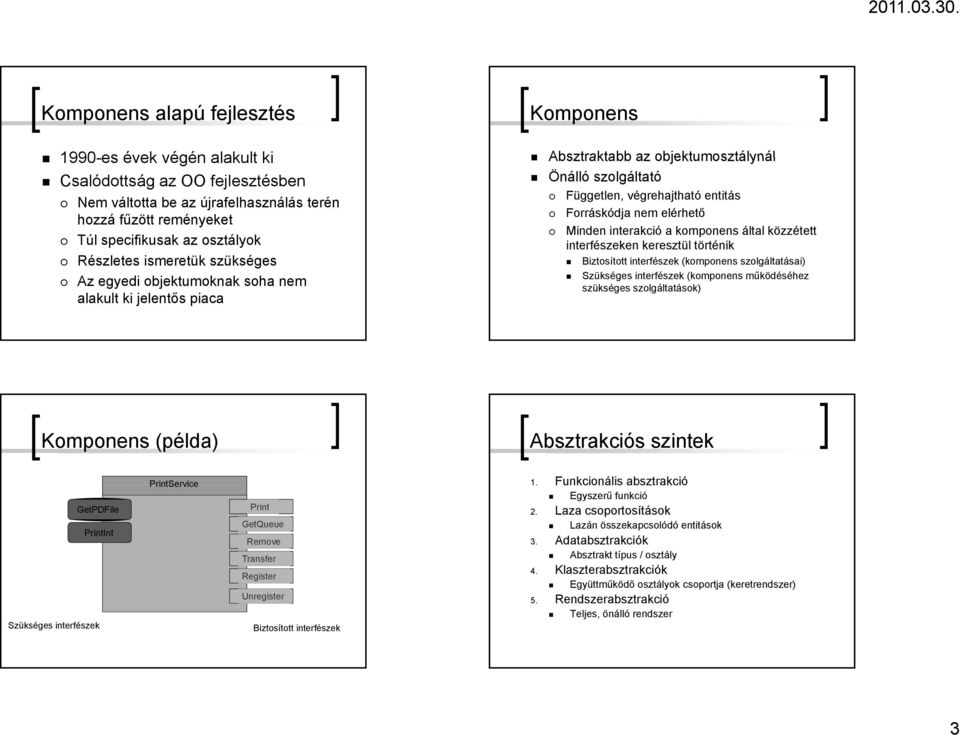 elérhető Minden interakció a komponens által közzétett interfészeken keresztül történik Biztosított interfészek (komponens szolgáltatásai) Szükséges interfészek (komponens működéséhez szükséges