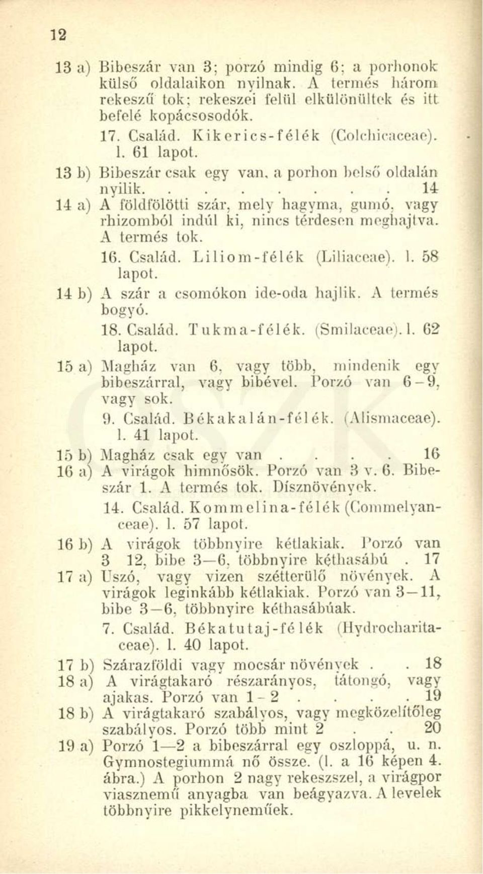 13 b) Bibeszár csak egy van, a porhon belső oldalán nyilik 14 14 a) A földfölötti szár, mely hagyma, gumó, vagy rhizomból indúl ki, nincs térdesen meghajtva. A termés tok. 16. Család.