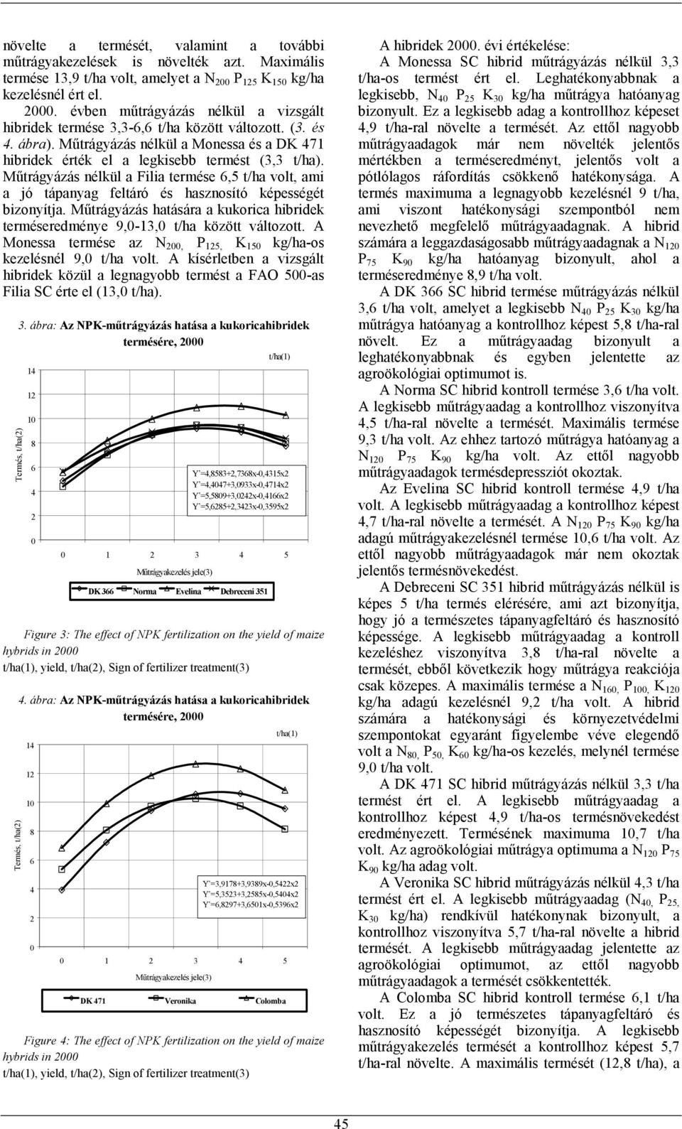 Műtrágyázás nélkül a Filia termése,5 t/ha volt, ami a jó tápanyag feltáró és hasznosító képességét bizonyítja. Műtrágyázás hatására a kukorica hibridek terméseredménye 9,-13, t/ha között változott.