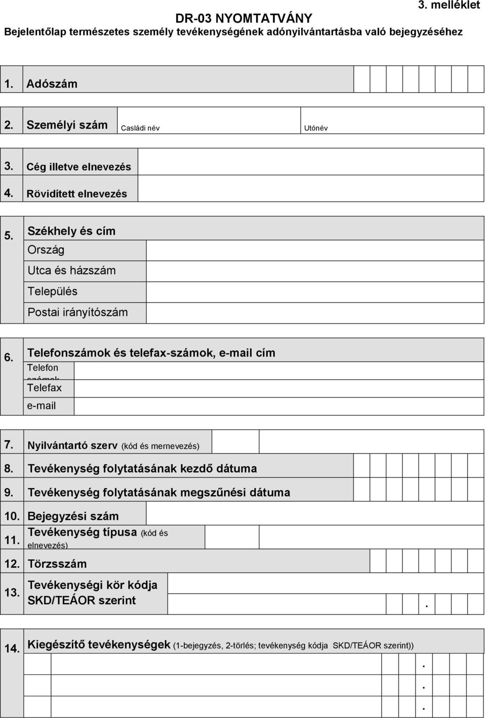 Telefonszámok és telefax-számok, e-mail cím Telefon számok Telefax e-mail 7. Nyilvántartó szerv (kód és mernevezés) 8. Tevékenység folytatásának kezdő dátuma 9.