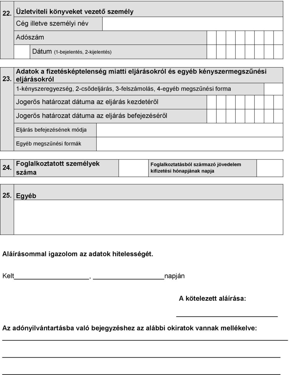 határozat dátuma az eljárás kezdetéről Jogerős határozat dátuma az eljárás befejezéséről Eljárás befejezésének módja Egyéb megszűnési formák 24.