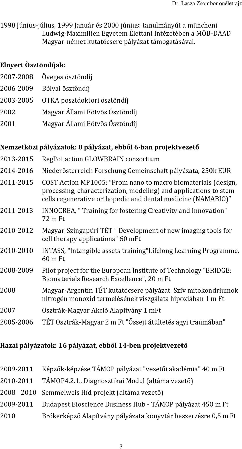 pályázatok: 8 pályázat, ebből 6-ban projektvezető 2013-2015 RegPot action GLOWBRAIN consortium 2014-2016 Niederösterreich Forschung Gemeinschaft pályázata, 250k EUR 2011-2015 COST Action MP1005: From