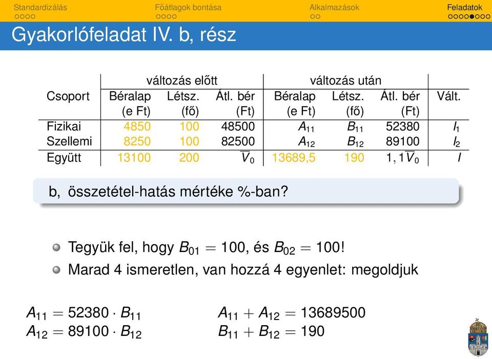 13100 200 V 0 13689,5 190 1, 1V 0 I b, összetétel-hatás mértéke %-ban? Tegyük fel, hogy B 01 = 100, és B 02 = 100!